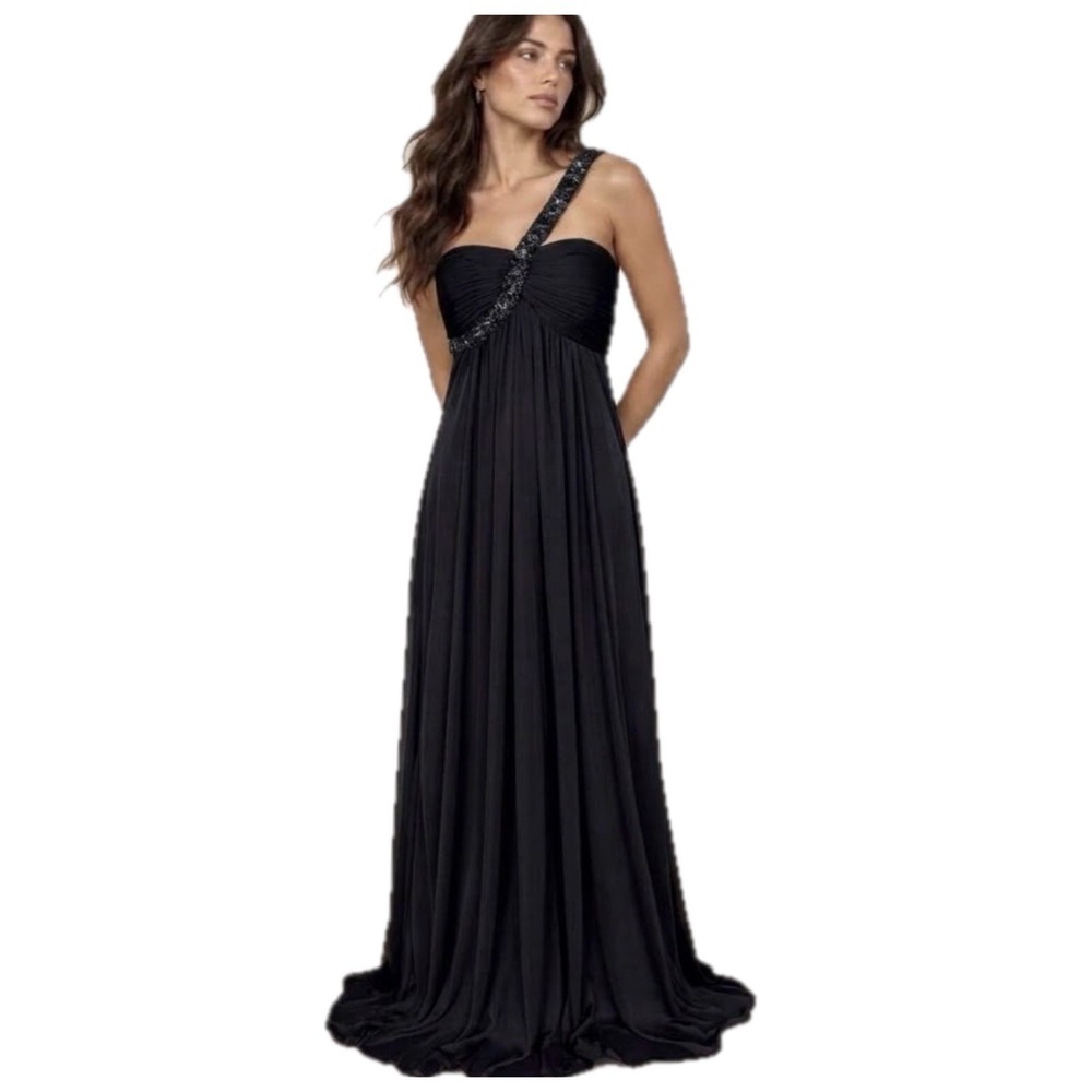 Cache Black Beaded Grecian Maxi Gown Sz 8 Homecoming Formal Evening Dress Y2K